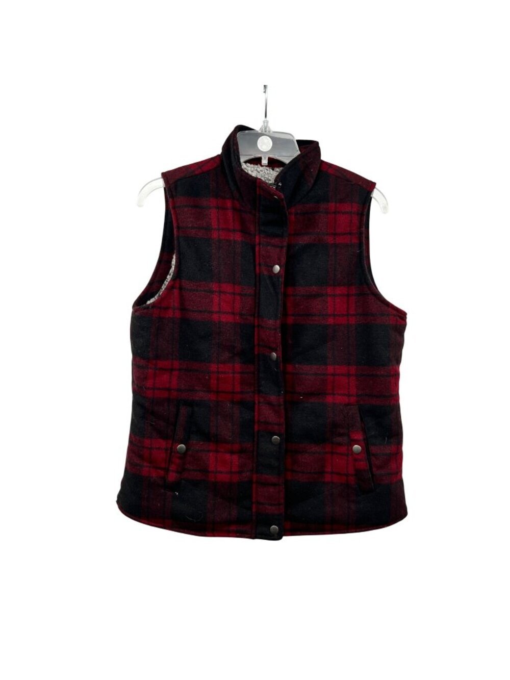 Harper Heritage Womens Plaid Vest Zip/Snap Sherpa Lined Burgundy/Multi Small
